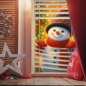 Christmas Snowman Curtain, 2026 Xmas Warm Glow Window Curtain Door Cover for Holiday Decoration, Winter Party Indoor Outdoor Hanging Tapestry