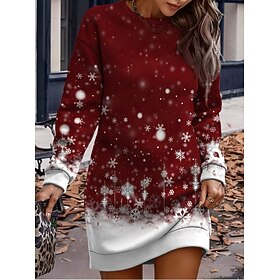 Christmas Women's Snowflake Knee Length Dress Sweater Dress Shift Dress Vacation Casual Birthday Date Regular Fit Graphic Ugly Long Sleeve Crew Neck Wine Blue