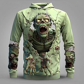 Halloween Men's Zombies 3D Hoodie Sweatshirt Punk Exaggerated Gothic Casual Long Sleeve Crew Neck Hooded Club Streetwear Gray purple Blue Green Khaki Drawstrin