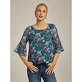 Weiblich Blumenmuster Lässig Grün Drucken 3/4 Ärmel Elegant Runden Sommer Frühling Herbst: retailer-supplied image