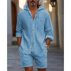 Homme Chemise en lin Ensembles T-shirt Tenues 2 pièces Ensemble Short manche longue À capuche Été Printemps Uni Mode Occasionnel 2 pièces Boutonné Vacances Ten