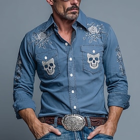 Halloween Men's Skull Day of the Dead Flowers Shirt Western Shirt Cowboy Shirt Long Sleeve Vintage Retro Outdoor WorkWear Spring Fall Turndown Front Two Pocket