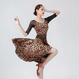 Latin Dance Dress Leopard Print Solid Splicing Women's Training Performance Half Sleeve High Spandex