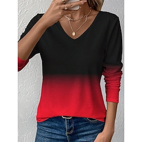 Women's T Shirt Print Ombre Graphic Vintage Stylish Classic Long Sleeve V Neck Regular Tops Daily Blue Red Purple Orange Green Spring Fall Winter
