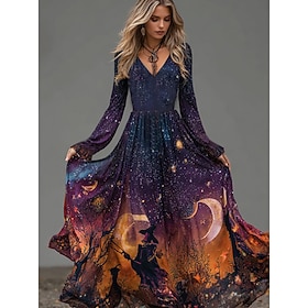 Halloween Women's Flying Witch Crescent Moon Starry Sky Graphic Maxi Dress Ombre A Line Long Sleeve V Neck Party Dress Purple Orange