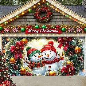 Christmas Outdoor Garage Door Cover Snowman Brothers Santa Hat Christmas Wreath Christmas Tree Large Tapestry Backdrop Holiday Party Wall Decoration For Outdoo