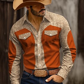Men's Paisley Floral Print Ethnic Shirt Western Shirt Cowboy Shirt Long Sleeve Vintage Retro Casual Outdoor WorkWear Spring Fall Turndown 3D Print Front Two Po