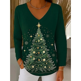 Christmas Women's Sweater Pullover Fashion Streetwear Casual Graphic V Neck Oversized Knitted Long Sleeve Regular Tops Knit Outdoor Daily Green Spring Fall