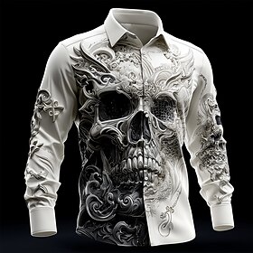 Halloween Men's Skull Intricate Floral Shirt Button Up Shirt Long Sleeve Dark Gothic Style Outdoor Holiday Spring Fall Turndown 3D Print Collared Shirts White