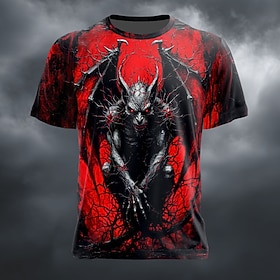Halloween Men's Optical Illusion 3D Devil T Shirt Short Sleeve T shirt 3D Print Crew Neck Shirt Exaggerated Designer Horror Club Party Street Lake Blue Red Pur