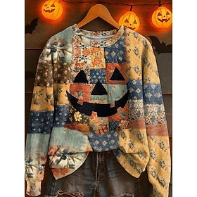 Halloween Women's Jack O Lantern Pumpkin Face Sweatshirt Floral Patchwork Graphic Color Block Long Sleeve Crew Neck Casual Pullover Top Multicolor Fall Winter