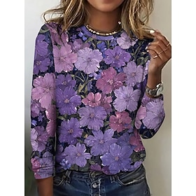Women's T Shirt Print Floral Graphic Paisley Vintage Fashion Stylish Long Sleeve Crew Neck Round Neck Regular Tops Daily Weekend Blue Dusty Blue Purple Orange