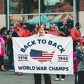 Back To Back World War Champs Flag, 1918-1945 USA World War Humor Banner For Patriotic Decor Funny Historical Gags