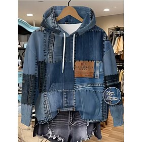 Women's Pullover Hoodie Sweatshirt Patchwork Print Front Pocket Graphic Geometric Punk Active Vintage Long Sleeve Hooded Regular Tops Street Dailywear Blue Den