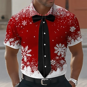 Christmas Men's Snowflake Bow tie Christmas Costume Shirt Button Up Shirt Short Sleeve Fashion Casual Outdoor Holiday Summer Spring Turndown 3D Print Collared