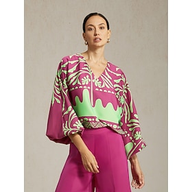 Haut femme fuchsia vif imprimé satin lanterne manches longues col V bord de mer vacances décontracté quotidien…: retailer-supplied image