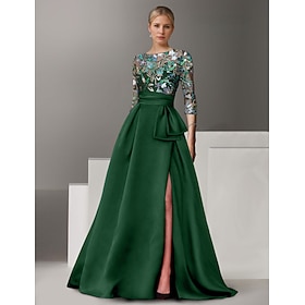 A-Line Floor Length Beaded Eembroidered Formal Dresses Mother of the Bride Dress Evening Gown Ball Gown Formal Dress Elegant Color Block High Split Half Sleeve