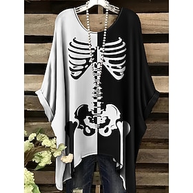 Halloween Women's Blouse Skeleton Graphic Skull Vintage Daily Casual Half Sleeve Batwing Sleeve Crew Neck Long Tops Daily Holiday Black White Spring Fall