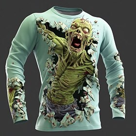 Halloween Men's Zombies 3D T Shirt Long Sleeve T shirt 3D Print Crew Neck Shirt Fashion Exaggerated Street Casual Daily Green 1# Green 2# Pink Summer Spring Fa