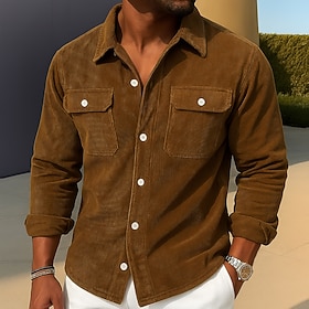 Men's Corduroy Shirt Black Purple Brown Gray Long Sleeve Plain Turndown School Training Pocket Clothing Apparel Vintage Classic Casual