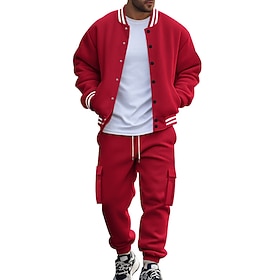 Men's Sweatshirt Tracksuit Outfit Set Stand Collar Outdoor Daily Sports Drawstring Pocket Stripe Black Red Navy Blue Polyester Activewear Fashion Streetwear Sp