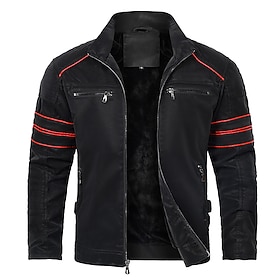 Men's Faux Leather Jacket Fleece Jacket Biker Jacket Motorcycle Jacket Vacation Daily Windproof Warm Patchwork Pocket Fall Winter Stripes Fashion Classic Stand