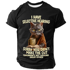 Mens Graphic T-Shirt: Funny Sarcastic Cat 'Selective Hearing' Quote Short Sleeve Tee. Great for Lifestyle Attitude Humor.