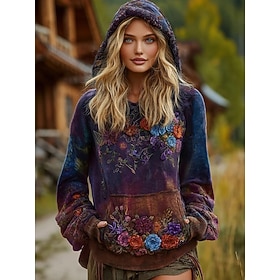 Women's Pullover Hoodie Sweatshirt Patchwork Print Front Pocket Floral Graphic …
