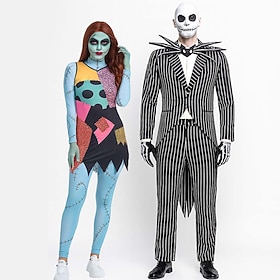 Disfraz de lujo Trajes Disfraces de parejas de grupo de Halloween Salida Jack Skellington La pesadilla antes de Navidad Horror Adulto Hombre Mujer Víspera de T