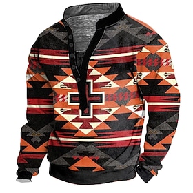 Men's Aztec Sweatshirt Ethnic Vintage Retro Long Sleeve High Neck Gift Travel Streetwear Yellow Blue Orange Button Front Fall Winter Designer S M L XL XXL XXXL