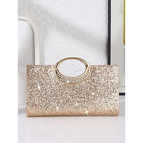 Women’s Silver and Gold Glitter Evening Clutch with Metallic Ring Handle