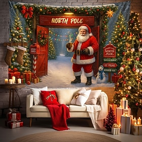 Christmas Wall Tapestry Backdrop, Santa Claus at North Pole with Christmas Tree and Gifts, 2026 Xmas Holiday Wall Hanging for Bedroom Living Room Party and Out