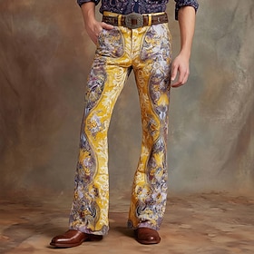 Men's Paisley Floral Print Ethnic Disco Pants 60s 70s Bell Bottoms Mid Waist Western Vintage Retro Outdoor Vacation Casual Side Pockets Flared Leg Pants Trouse