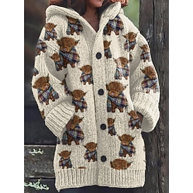 Women's Sweater Cardigan Casual Soft Graphic Ribbed Hooded Pocket Buttons Knitted Long Sleeve Long Tops Knit Outdoor Daily Weekend Blue White Fall Winter