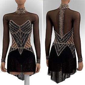 Figure Skating Dress Women's Girls' Ice Skating Dress Black Patchwork Asymmetric Hem Mesh Spandex High Elasticity Training Competition Skating Wear Classic Cry