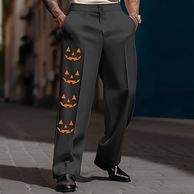 Halloween Men's Pumpkin Face Printed Trousers Dress Pants Suit Pants Mid Waist Casual Holiday Streetwear Printed Spring Fall 3D Print Black White Orange