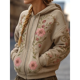Women's Zip Up Hoodies Patchwork Zipper Pocket Floral Graphic Elegant Warm Vintage Long Sleeve Hooded Regular Tops Street Dailywear Green Khaki Spring Fall