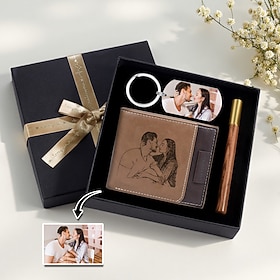 Personalized Photo Wallet and Keychain Christmas Gift Set Custom Engraved Leather Wallet Gift for Dad, Bifold Wallet for Men, Husband, Son, Father's Day, Birth