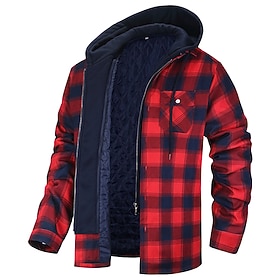 Men's Winter Coat Casual Jacket Outdoor Casual Thermal Warm Pocket Fall Winter Plaid Streetwear Daily Hooded Regular Black Red Navy Blue Sky Blue Orange Jacket