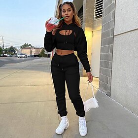 Women's Fashion Pants Sets Sleeveless Long Sleeve Round Neck Hooded Solid Color Daily Dark Grey Black Pink Autumn / Fall