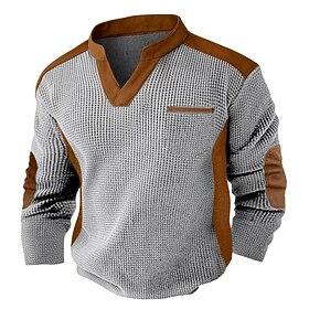 Men's Men Waffle Tee Shirts With Elbow Patches Long Sleeve V Neck Pockets Spring Fall All Seasons Solid Color Textured Fashion Basic Casual Casual Street Spo