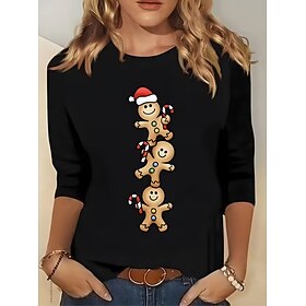 Noël Femmes T-shirt Graphique Père Noël Renne ancien Mode Élégant manche longue Manche 3/4 Col ras du cou Hauts Réguliers Quotidien Week-end Imprimé Noir Été P