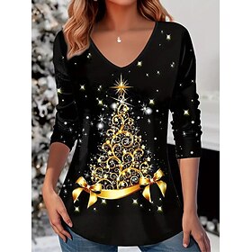 Christmas Women's T Shirt Graphic  Vintage Stylish Classic Long Sleeve V Neck Regular Tops Daily Print White / Black BlackWhiteRed Black Wine Red Spring Fall W