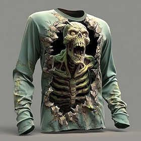 Halloween Men's Zombies 3D T Shirt Long Sleeve T shirt 3D Print Crew Neck Shirt Fashion Exaggerated Street Casual Daily Green 1# Green 2# Pink Summer Spring Fa