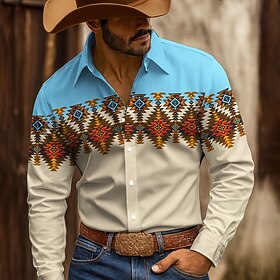 Men's Aztec Vintage Ethnic Shirt Button Up Shirt Cowboy Shirt Long Sleeve Western Style Outdoor Casual WorkWear Spring Fall Turndown 3D Print Collared Shirts B