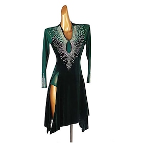 Women's Performance Long Sleeve Velvet Tassels Latin Salsa Dance Dress Competition Dress