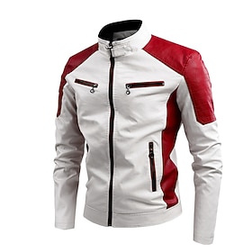 Men's Faux Leather Jacket Biker Jacket Motorcycle Jacket Vacation Daily Windproof Patchwork Pocket Spring Fall Plain Fashion Classic Stand Collar Regular Black