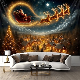 Christmas Wall Tapestry Backdrop, Santa Claus Sleigh Flying Over Village Night Sky Wall Hanging, 2026 Xmas Festive Holiday Decoration for Bedroom, Living Room,