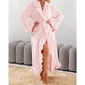 Women's Pajamas Robe Flannel Fashion Casual Pure Color Ruched Home Daily Bed Long Sleeve V Neck Pink Red Purple Beige Fall Winter