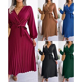 Women's Midi Dress Satin Dress Party Dress Cocktail Dress Fashion Modern Evening Party Party Birthday Regular Plain Long Sleeve V Neck Black Royal Blue Purple